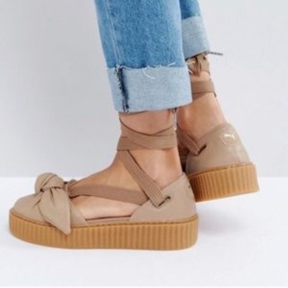 Puma x Fenty Rhianna Creeper Lace Up Bow Sneakers Sandals Tan Size 6